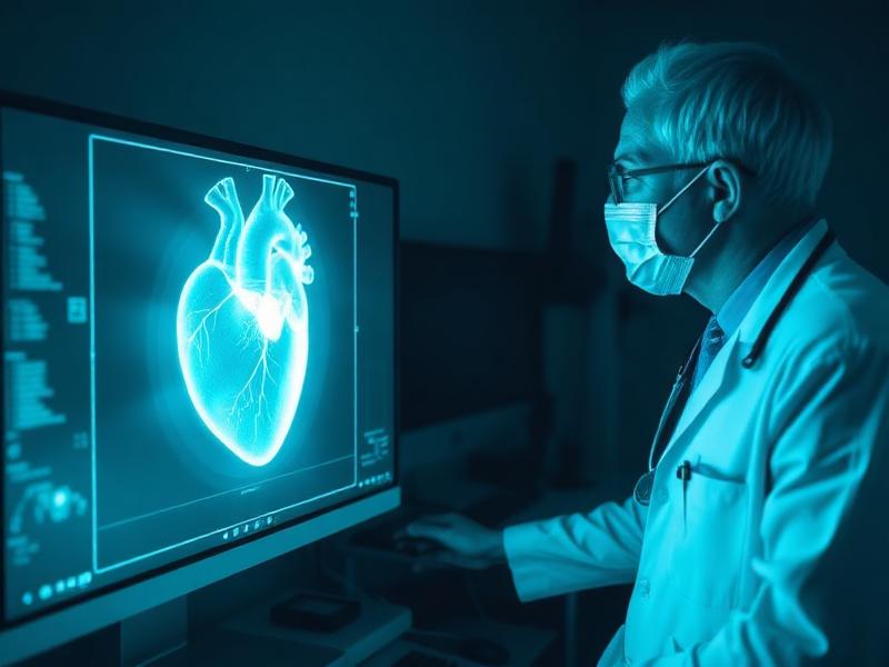 Cardiólogo revisando un escaneo cardiaco en un monitor